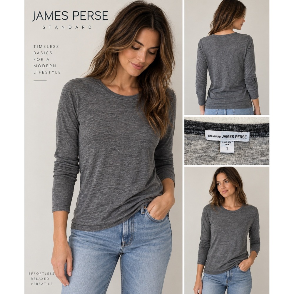 James Perse Women 1 Gray Heathered Wool Blend Long Sleeve Crew Neck Tee